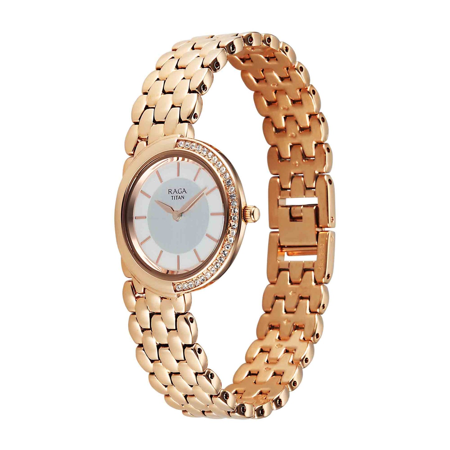 Titan Raga Grey Dial Rose Gold Metal Strap Analog Watch for Women