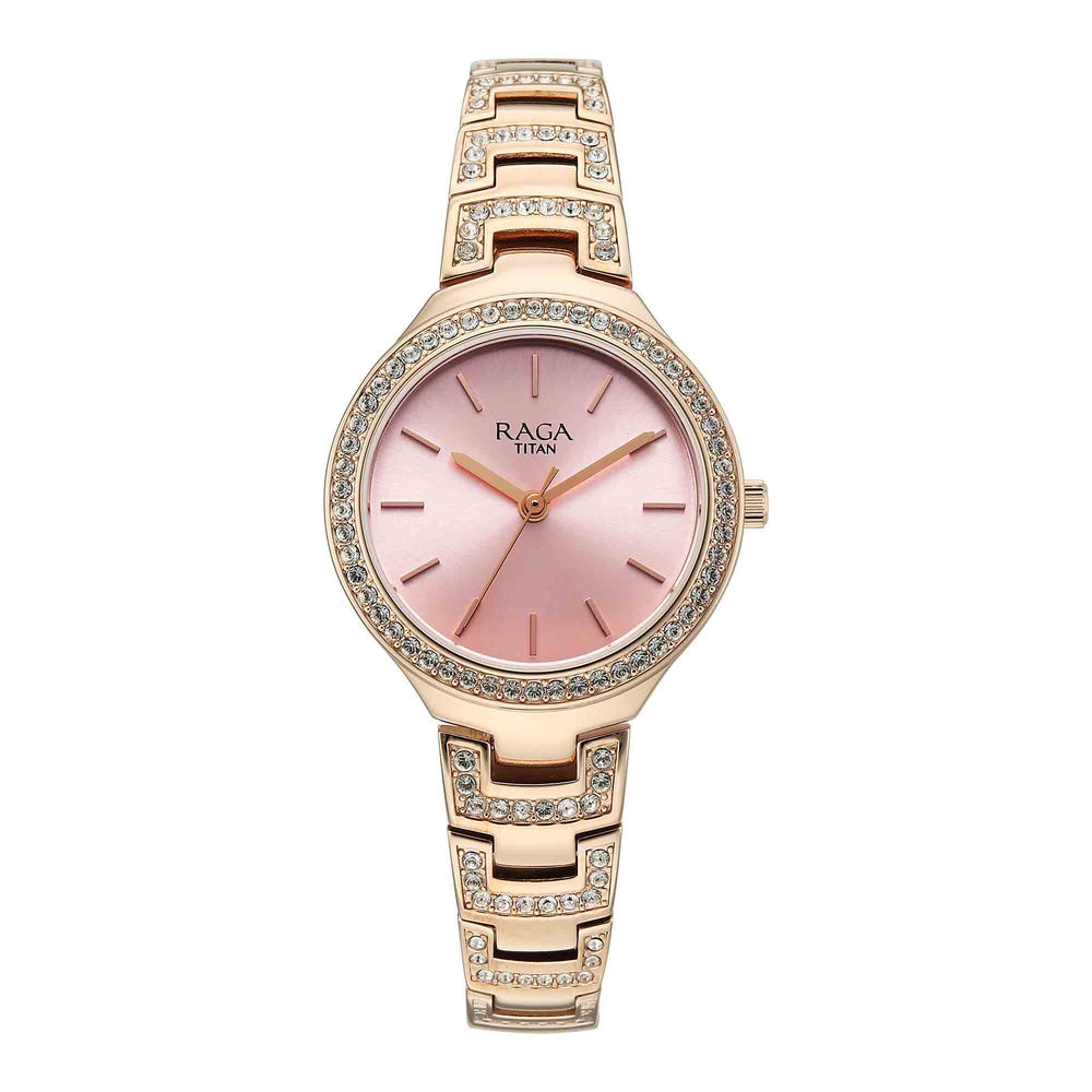 Titan Raga Pink Dial Rose Gold Metal Strap Analog Watch for Women