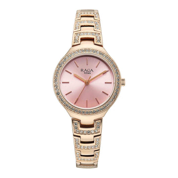 Titan Raga Pink Dial Rose Gold Metal Strap Analog Watch for Women