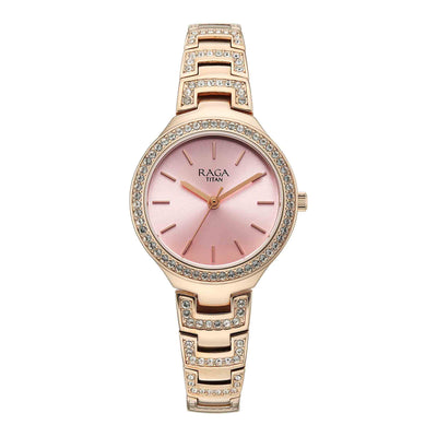 Titan Raga Pink Dial Rose Gold Metal Strap Analog Watch for Women