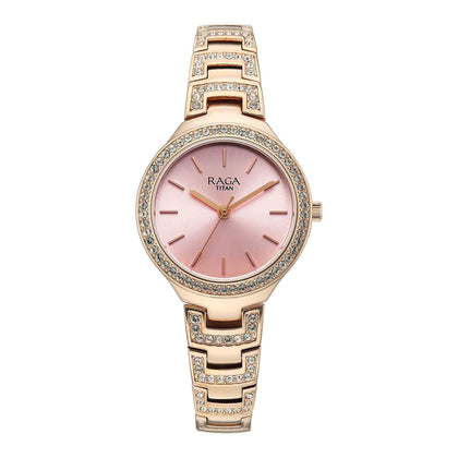 Titan Raga Pink Dial Rose Gold Metal Strap Analog Watch for Women