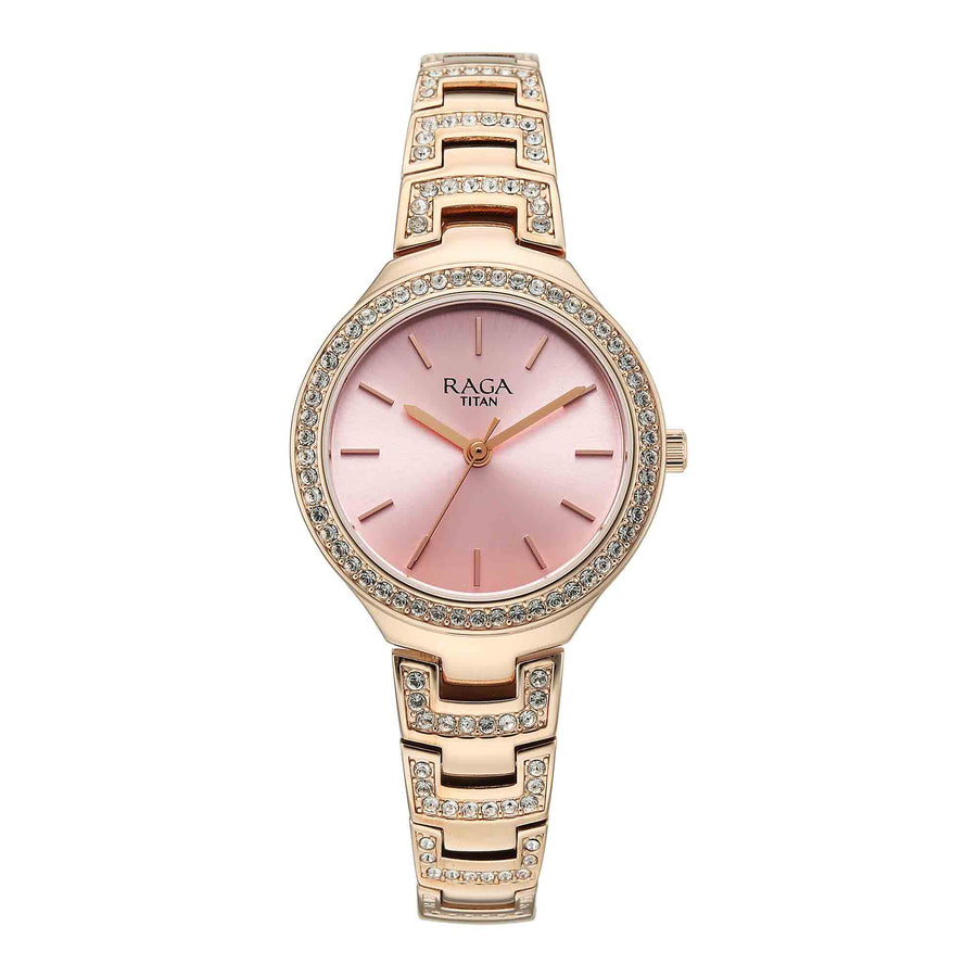 Titan Raga Pink Dial Rose Gold Metal Strap Analog Watch for Women
