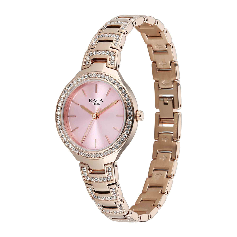 Titan Raga Pink Dial Rose Gold Metal Strap Analog Watch for Women
