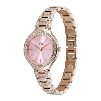 Titan Raga Pink Dial Rose Gold Metal Strap Analog Watch for Women