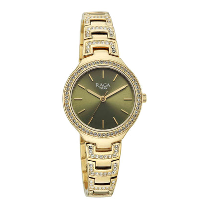 Titan Raga Green Dial Gold Metal Strap Analog Watch for Women