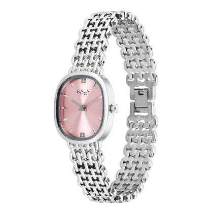 Titan Raga Pink Special Dial Silver Metal Strap Analog Watch for Women
