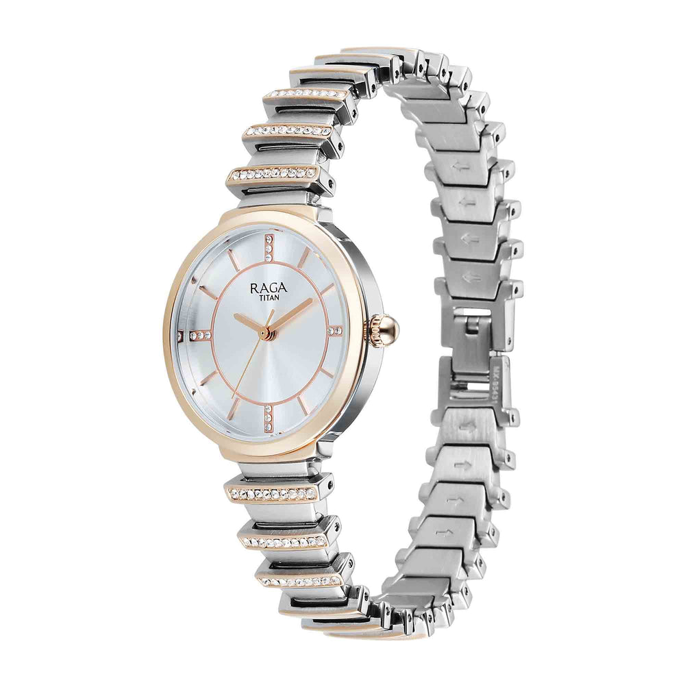 Titan Raga Silver Dial Two Toned Metal Strap Analog Watch for Women