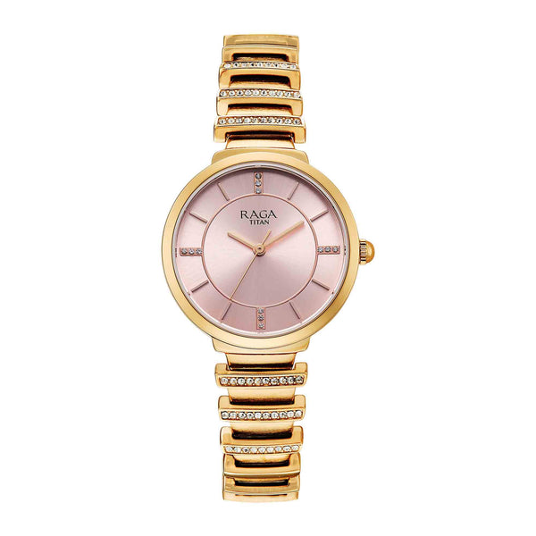 Titan Raga Pink Dial Rose Gold Metal Strap Analog Watch for Women