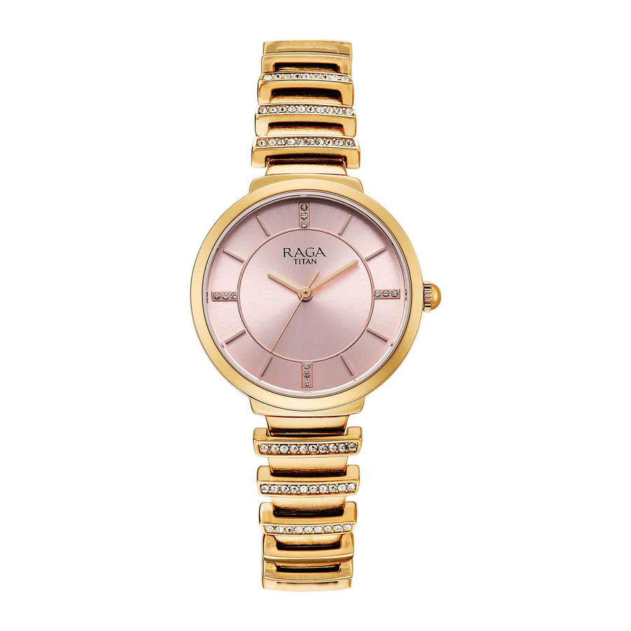 Titan Raga Pink Dial Rose Gold Metal Strap Analog Watch for Women