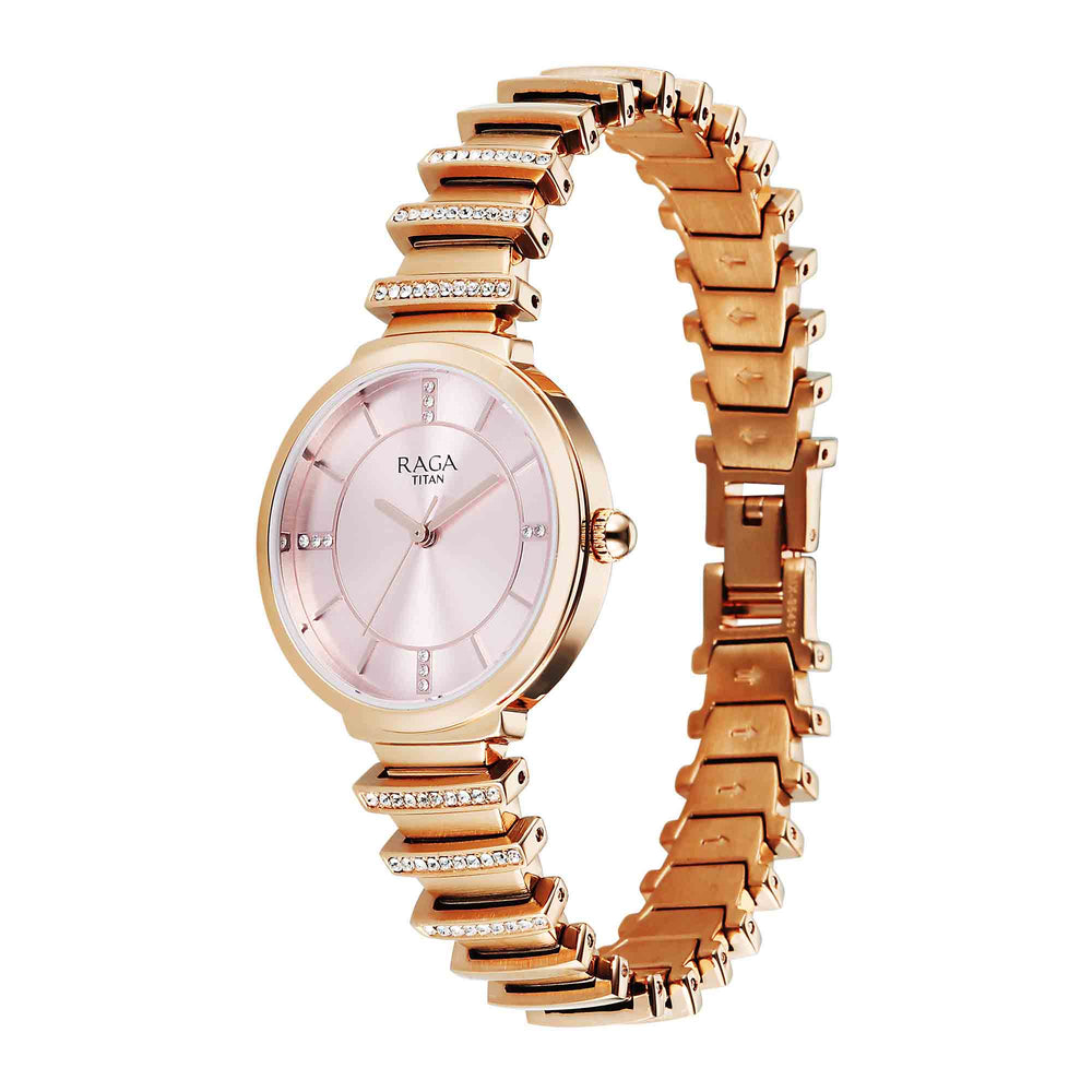Titan Raga Pink Dial Rose Gold Metal Strap Analog Watch for Women