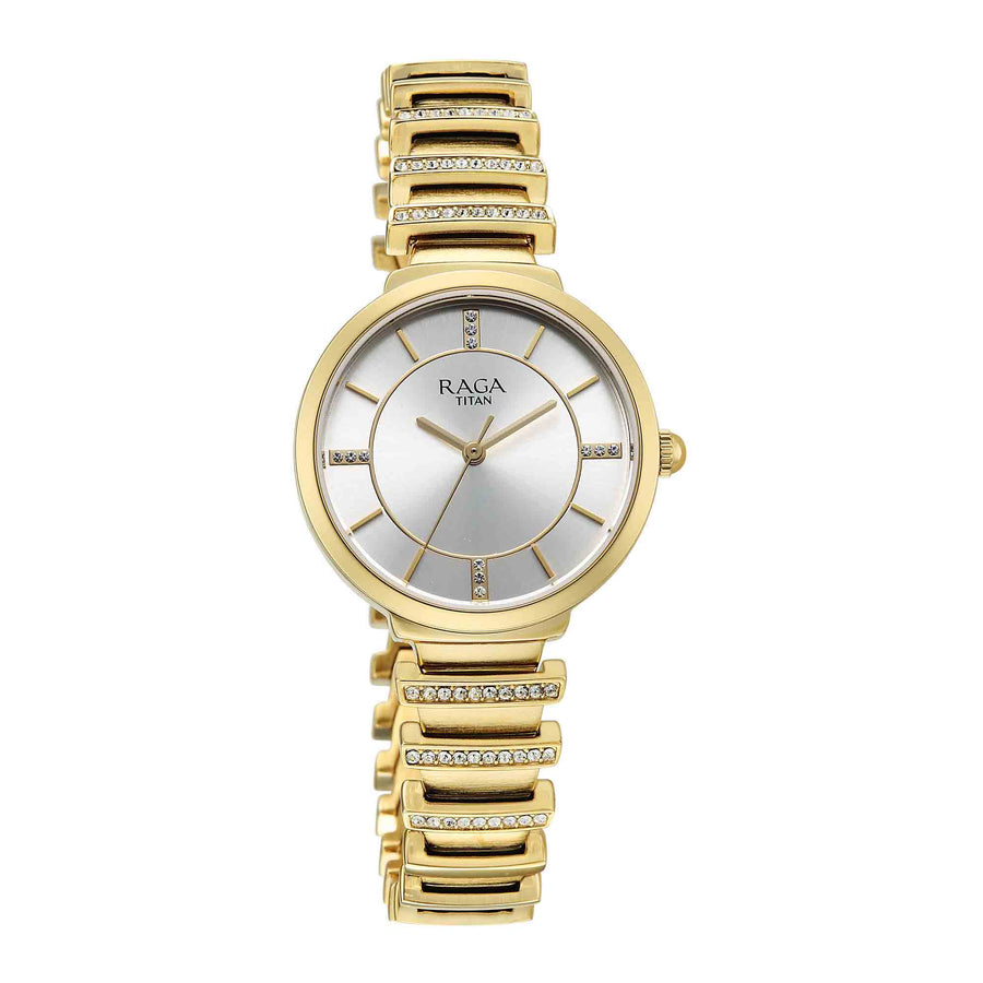 Titan Raga Silver Dial Gold Metal Strap Analog Watch for Women