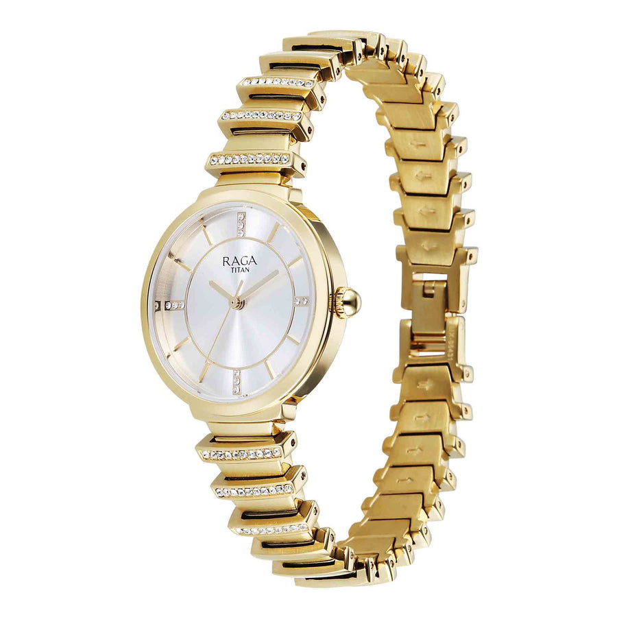 Titan Raga Silver Dial Gold Metal Strap Analog Watch for Women