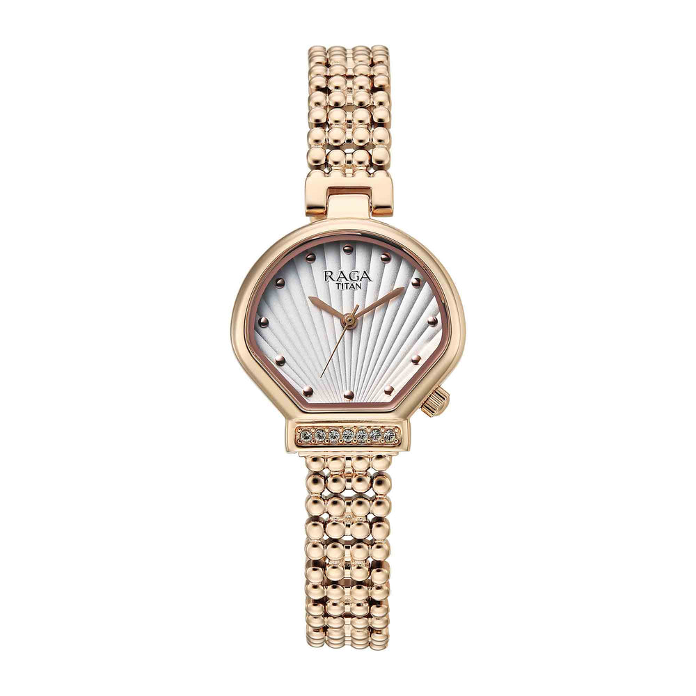 Titan Raga White Special Dial Rose Gold Metal Strap Analog Watch for Women