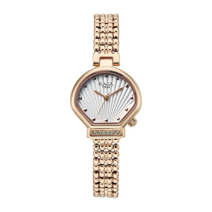Titan Raga White Special Dial Rose Gold Metal Strap Analog Watch for Women