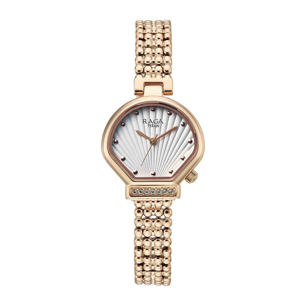 Titan Raga White Special Dial Rose Gold Metal Strap Analog Watch for Women