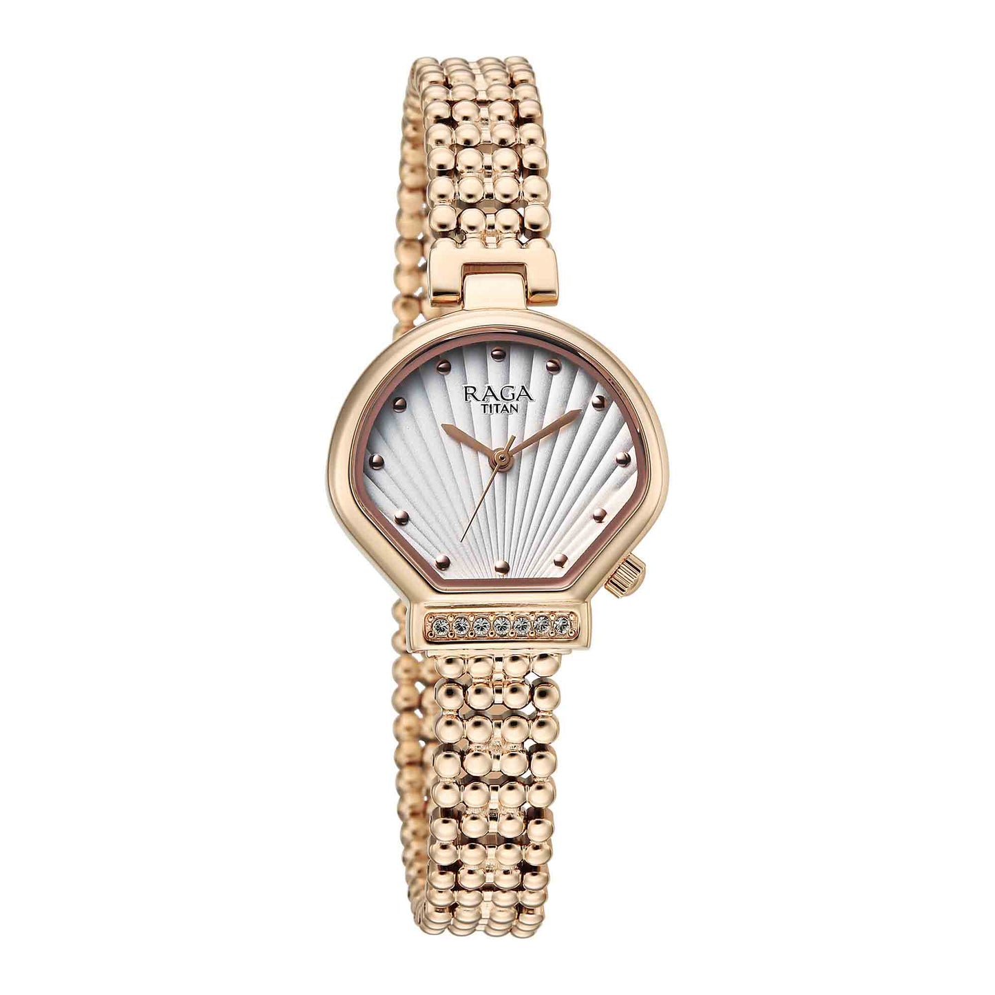 Titan Raga White Special Dial Rose Gold Metal Strap Analog Watch for Women
