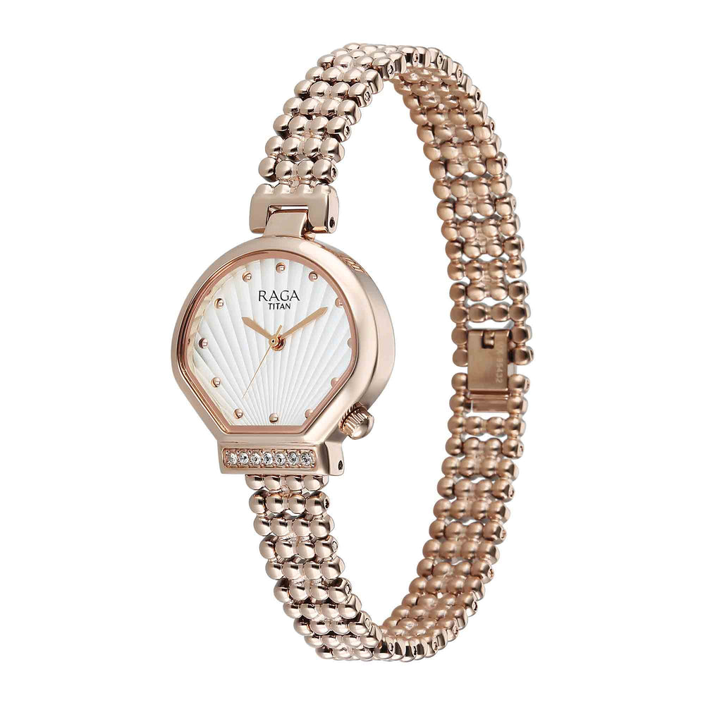 Titan Raga White Special Dial Rose Gold Metal Strap Analog Watch for Women