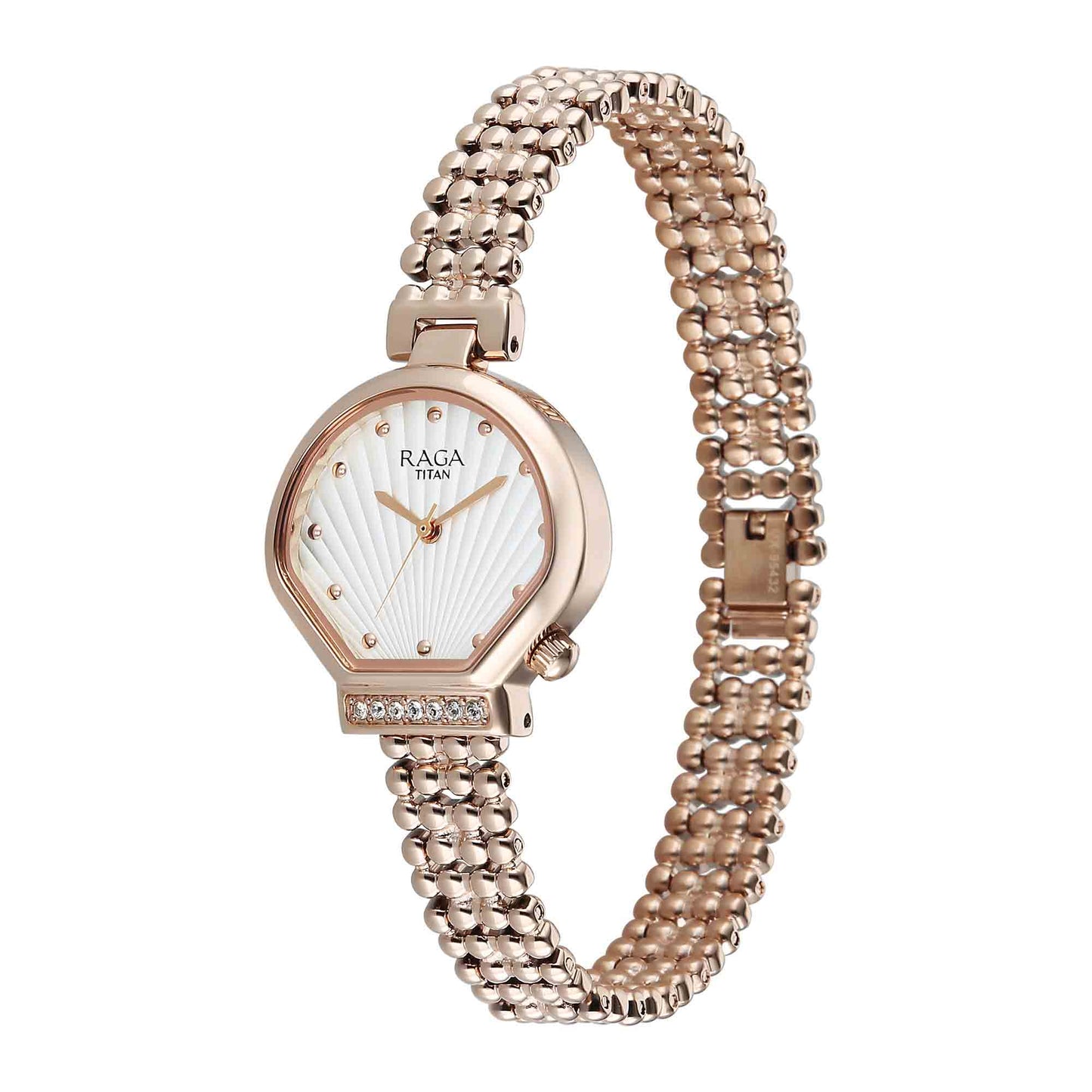 Titan Raga White Special Dial Rose Gold Metal Strap Analog Watch for Women
