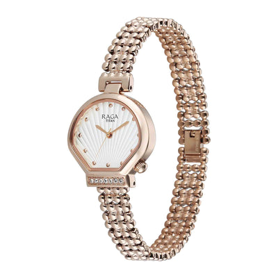 Titan Raga White Special Dial Rose Gold Metal Strap Analog Watch for Women