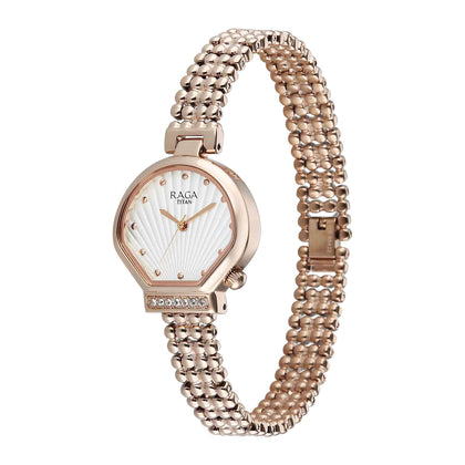 Titan Raga White Special Dial Rose Gold Metal Strap Analog Watch for Women