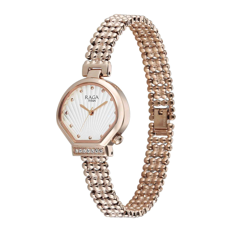 Titan Raga White Special Dial Rose Gold Metal Strap Analog Watch for Women