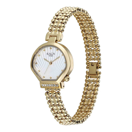 Titan Raga White Special Dial Gold Metal Strap Analog Watch for Women