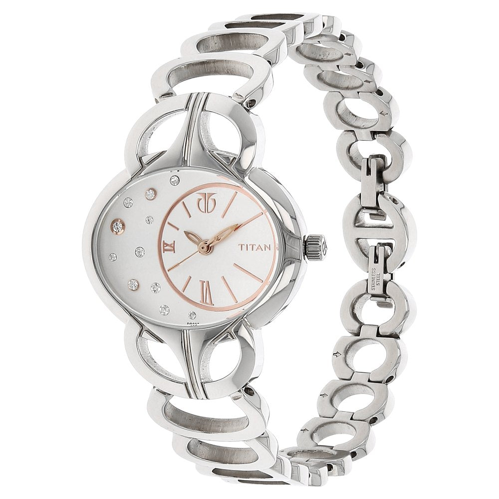 Titan Quartz Analog Silver Dial Stainless Steel Strap Watch for Women
