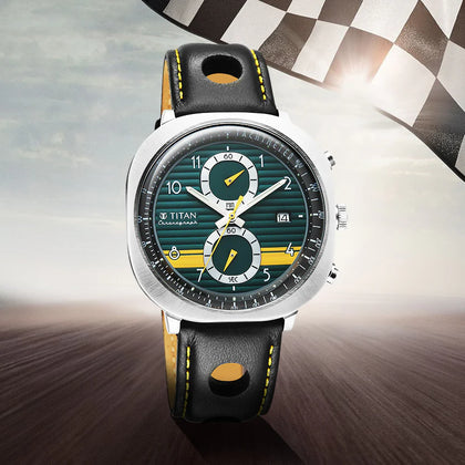 Titan Racecraft Green Dial Black Leather Strap Chronograph Watch for Men