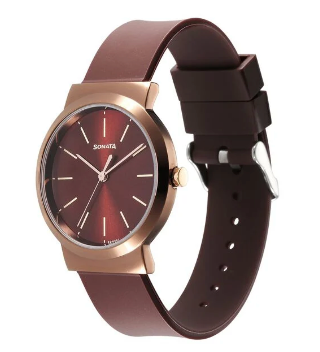 Sonata Essentials Brown Dial Polyurethane Strap Watch for Women 87044KP01