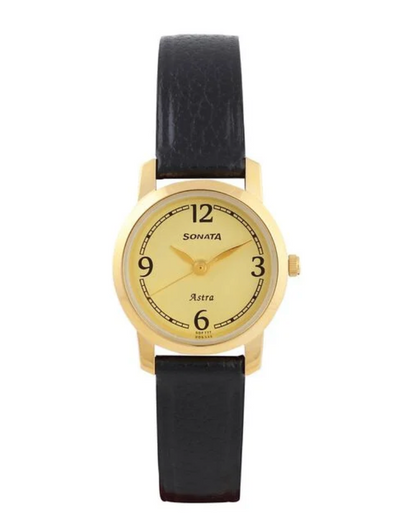 Sonata Workwear Champagne Dial Black Leather Strap Analog Watch for Women