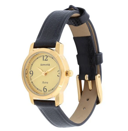 Sonata Workwear Champagne Dial Black Leather Strap Analog Watch for Women