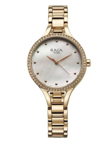 Titan Raga Showstopper Quartz Analog Mother Of Pearl Dial Metal Strap Watch For Women