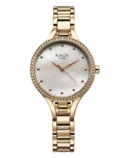 Titan Raga Showstopper Quartz Analog Mother Of Pearl Dial Metal Strap Watch For Women